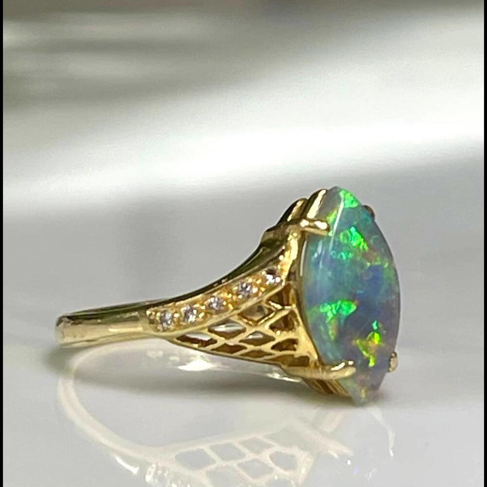 Opal Ring 18K Genuine Australian Solid Semi Black Opal Ring Diamond Vintage